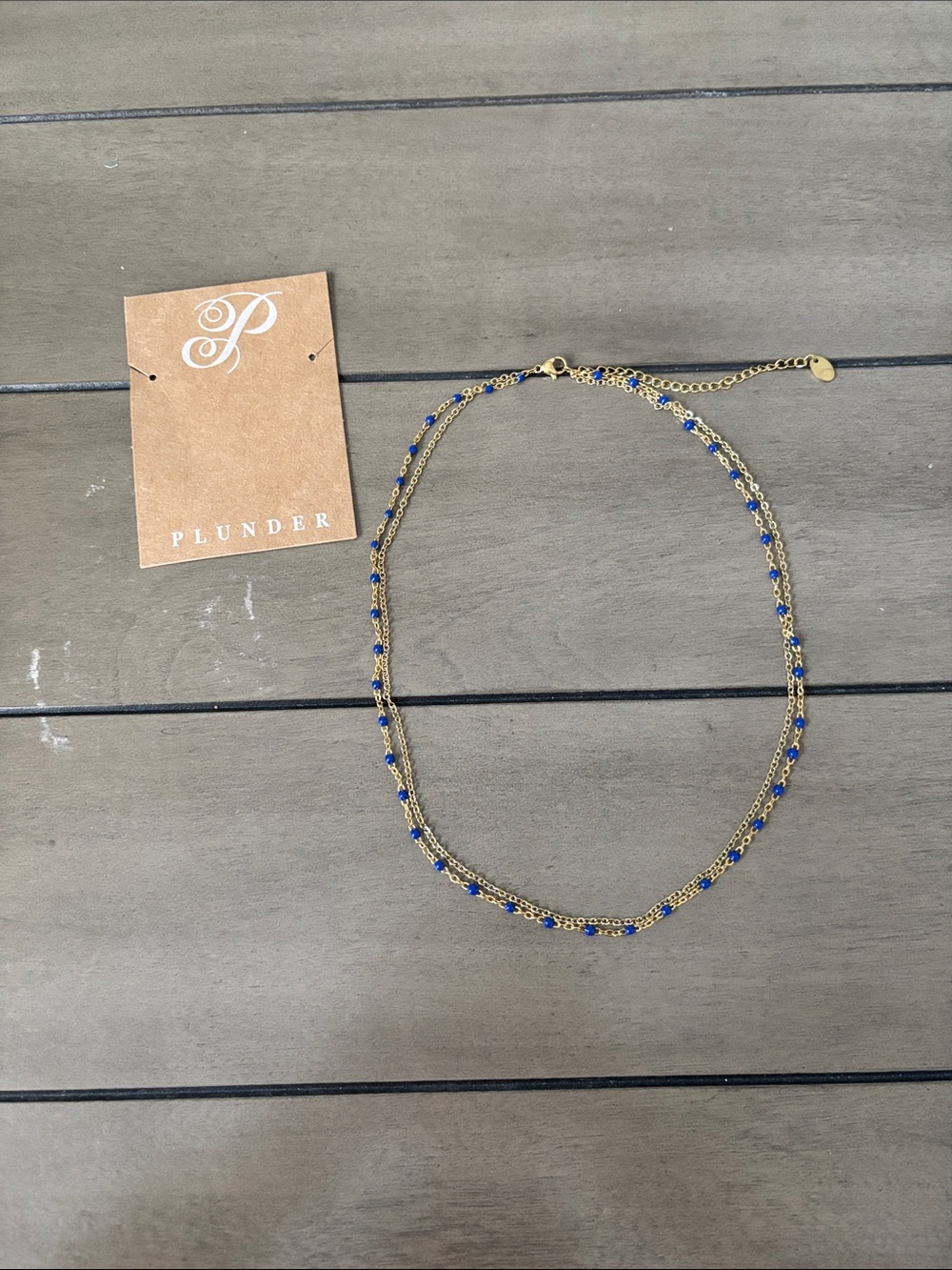 782. Plunder Gold-Tone Layered Chain Necklace Blue Beads NEW, hypoallergenic